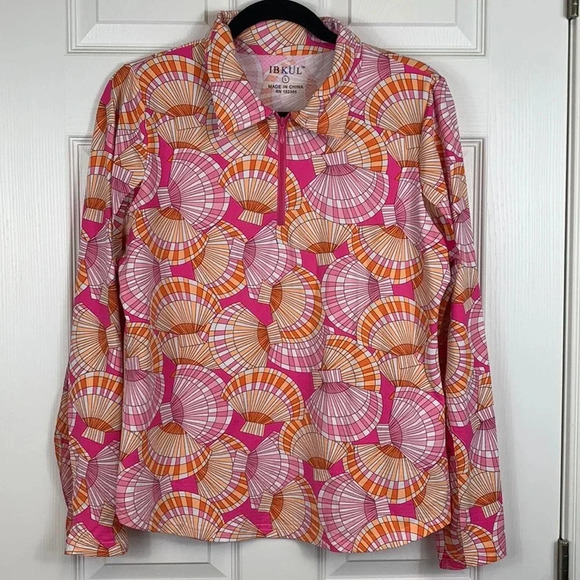 Ibkul pink orange seashell print 1/4 zip long sleeve top sz lg - Picture 1 of 7